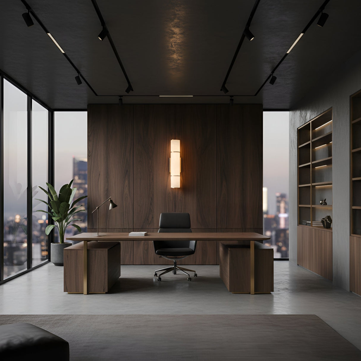 A modern office with floor-to-ceiling windows, a wooden desk and black chair, built-in shelves, a potted plant, and sweeping city views at dusk illuminated by the Almora LED Large Cylinder Alabaster Wall Light - Soft White & Brass.