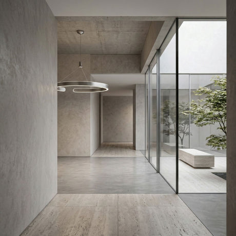 Minimalist interior with light gray walls and floors, the Aurora LED Suspension Light - Matte Silver, large glass windows, and a view of an outdoor courtyard featuring a tree and concrete bench. The space feels open and serene.