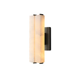 The Selvara LED Small Alabaster Double Wall Light features two vertical alabaster shades emitting soft, warm light on a matte black backplate, providing a contemporary accent against any white background.