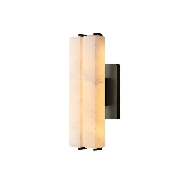 The Selvara LED Small Alabaster Double Wall Light features two vertical alabaster shades emitting soft, warm light on a matte black backplate, providing a contemporary accent against any white background.