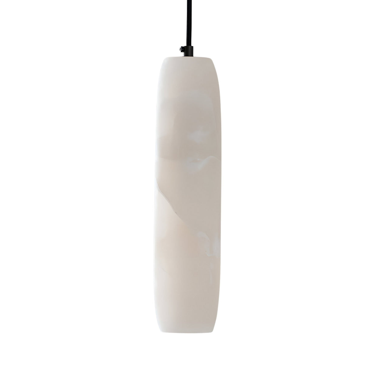 The Vireth 1 Light Large Cylinder Alabaster Single Pendant Light in Soft White features a smooth, alabaster-like finish and hangs from a black cord against a plain white background.
