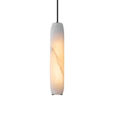 The Vireth 1 Light Large Cylinder Alabaster Single Pendant Light in soft white features a smooth, subtly marbled alabaster shade on a black cord, softly illuminated from within—an elegant choice for modern spaces.