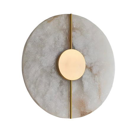 The Elaris LED Round Alabaster Wall Light in Soft White & Brass features a marble-look base, vertical gold accent, and central gold circle, adding modern elegance to any room.