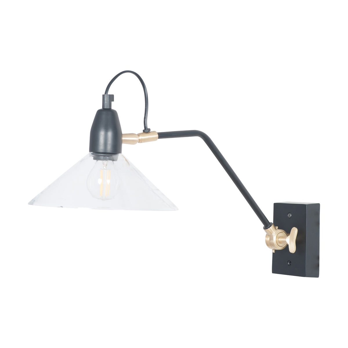 Canton Matt Black Brass & Glass Cone Wall Light with an adjustable articulated arm, clear glass cone shade, and exposed bulb on a plain white background.