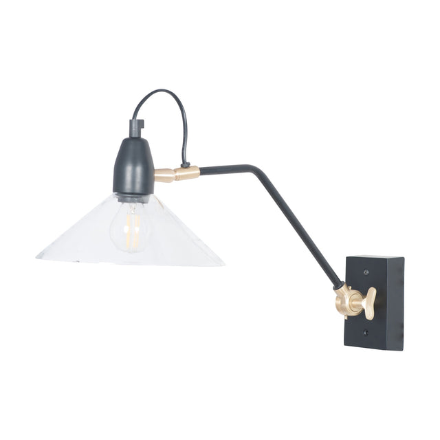 Canton Matt Black Brass & Glass Cone Wall Light with an adjustable articulated arm, clear glass cone shade, and exposed bulb on a plain white background.