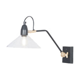 Canton Matt Black Brass & Glass Cone Wall Light with an adjustable extending arm, clear conical glass shade, and exposed bulb, set on a plain white background.