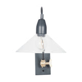 Canton Matt Black Brass & Glass Cone Wall Light with a clear glass cone shade, exposed bulb, and brass wing-nut swivel knob on a matt black plate, shown against a white background.