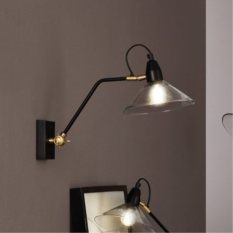 Canton Matt Black Brass & Glass Cone Wall Light - 35cm