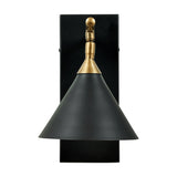 Zeta wall light in matt black with antique brass detailing, featuring a rectangular backplate, angled cone shade, and ball-topped bracket, shown on a plain white background.