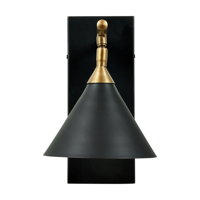 Zeta wall light in matt black with antique brass detailing, featuring a rectangular backplate, angled cone shade, and ball-topped bracket, shown on a plain white background.