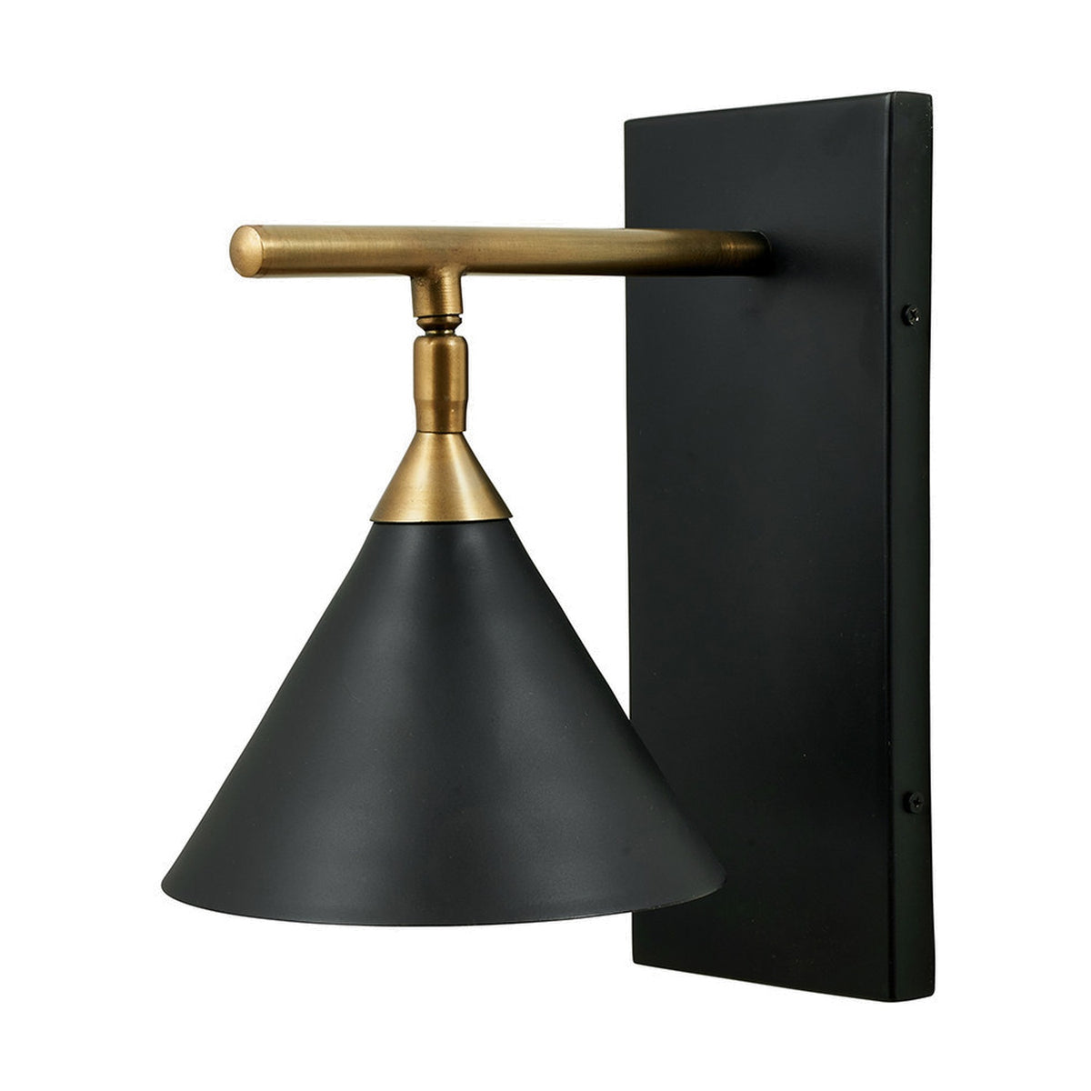 Zeta wall light with matt black conical shade and antique brass horizontal bar and mount, fixed to a rectangular matt black backplate, shown on a plain white background.