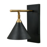 Zeta wall light with matt black conical shade and antique brass horizontal bar and mount, fixed to a rectangular matt black backplate, shown on a plain white background.