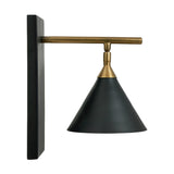 Zeta Matt Black & Antique Brass Wall Light, 31cm, with a rectangular back plate, straight arm, and cone-shaped shade, shown on a plain white background.