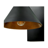 Close-up of the Zeta wall light's cone-shaped matt black metal shade with antique brass interior, revealing an exposed bulb, on a plain white background.