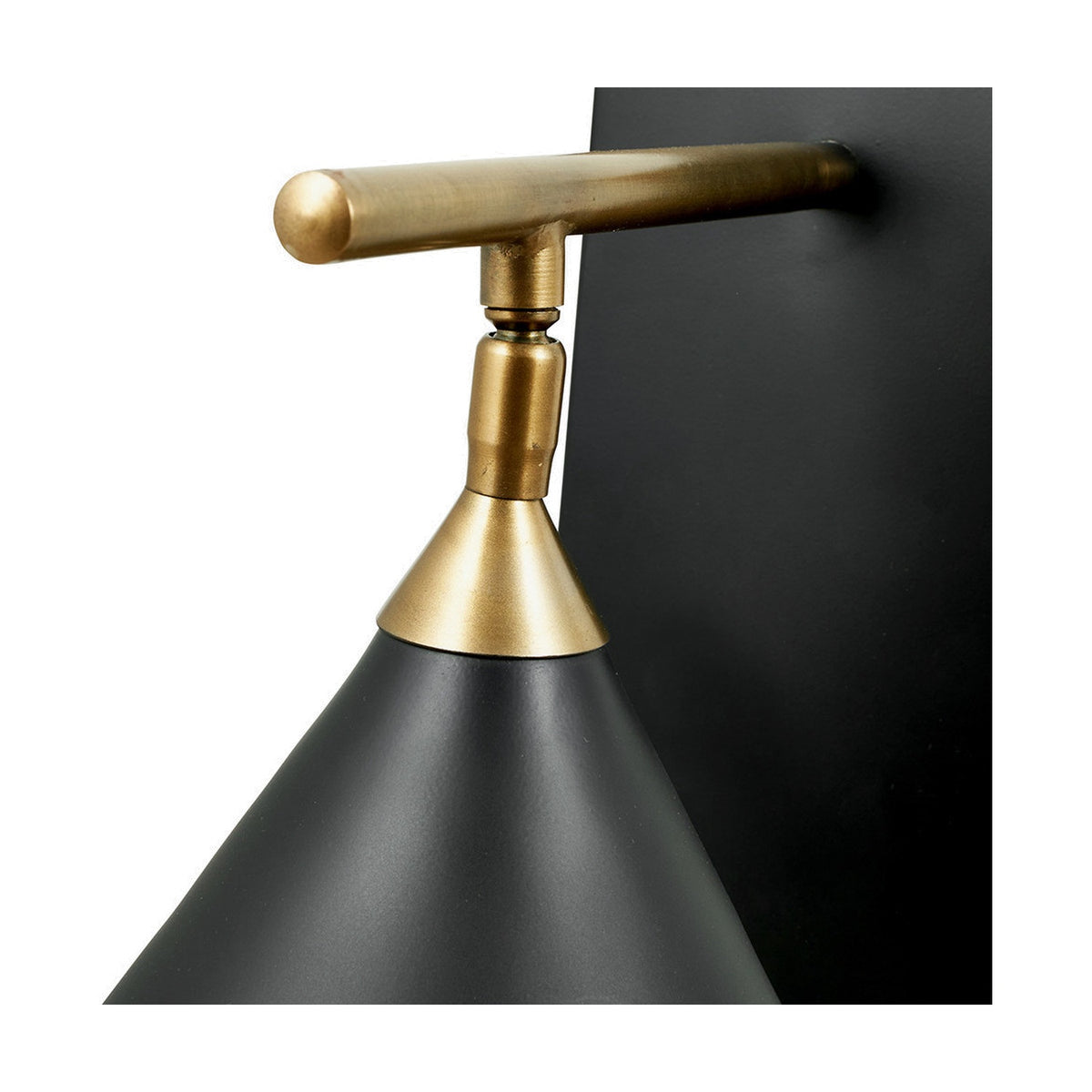 Zeta Matt Black & Antique Brass Wall Light close-up showing the cone-shaped shade, brass gallery, and horizontal T-bar wall mount.