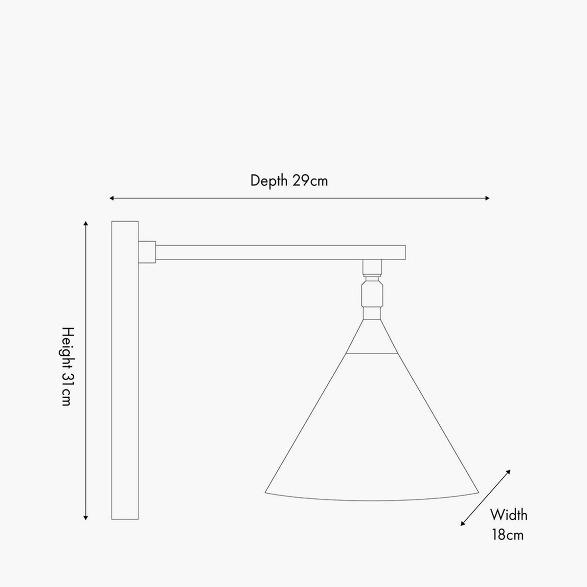 Zeta wall light line drawing showing matt black arm and cone shade with antique brass fittings, 31cm height, 29cm depth, 18cm width, on a plain background.