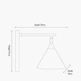 Zeta wall light line drawing showing matt black arm and cone shade with antique brass fittings, 31cm height, 29cm depth, 18cm width, on a plain background.