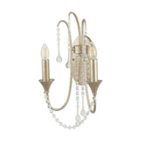 Belle 2-light wall light in antique silver leaf metal, 48cm, with looping arms, crystal beaded drops, and two candle-style bulbs, shown on a plain white background.