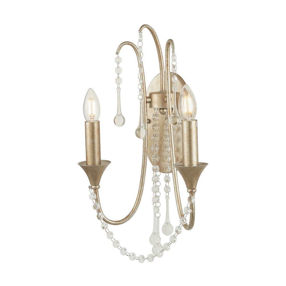 Belle 2-light wall light in antique silver metal with curved arms, candle-style bulbs, and draped crystal beading, shown on a plain white background.