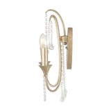 Belle 2-light wall light in antique silver leaf metal, 48cm, with looped scrolled arms, a single candle-style bulb, and clear beaded crystal drops, shown on a white background.