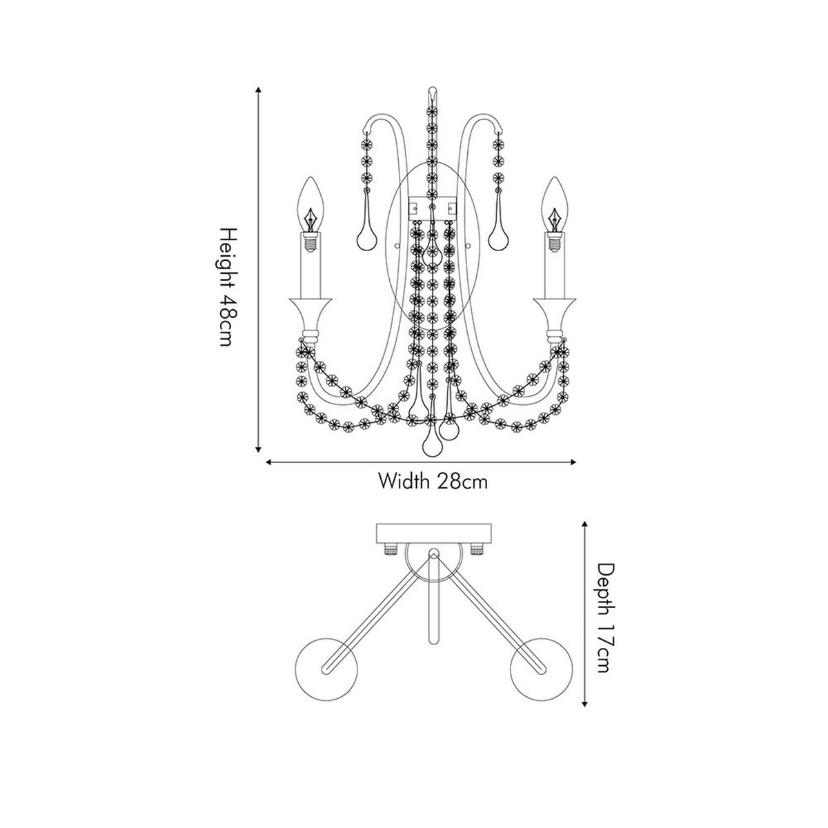 Line drawing of the Belle Antique Silver Leaf Metal & Beaded 2 Light Wall light showing dimensions: 48cm height, 28cm width, and 17cm depth, with candle-style arms and beaded droplets.