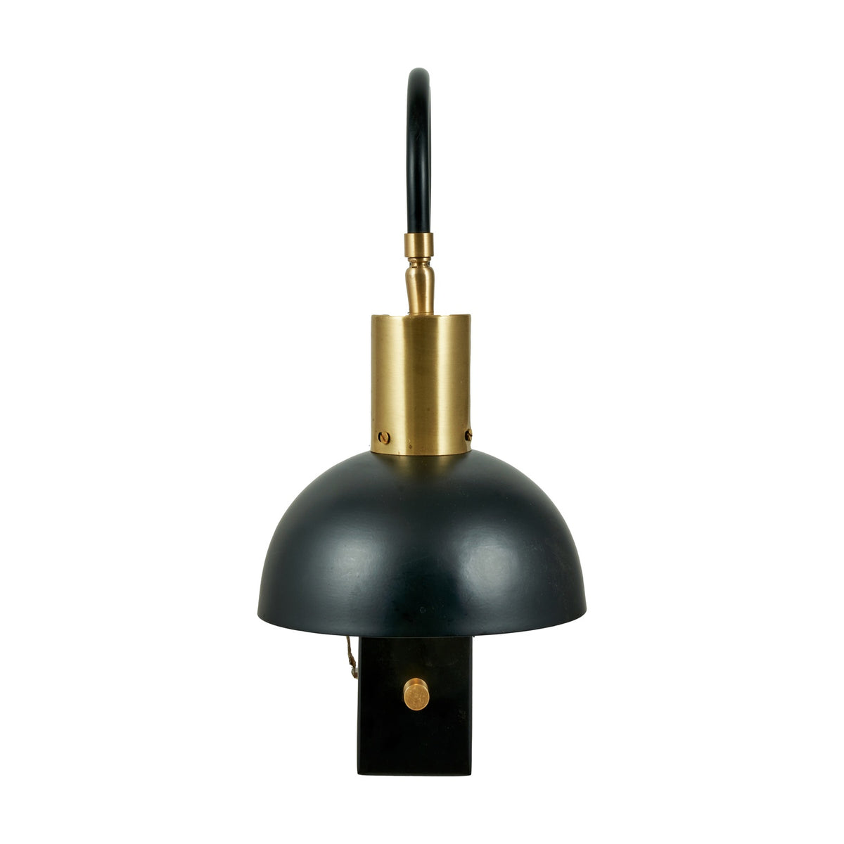 Mayfair Matt Black Domed Task Wall Light with brass gooseneck arm and rectangular base switch, shown on a plain white background.
