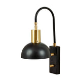 Mayfair Matt Black Domed Task Wall Light with curved arm, brass fittings and dual knob controls on a rectangular back plate, shown on a plain white background.