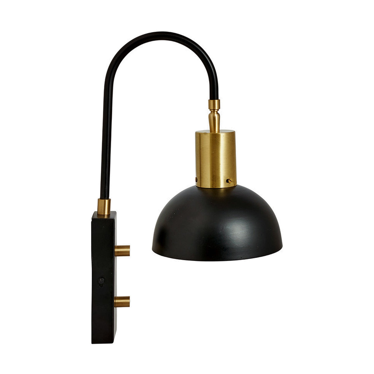 Mayfair Matt Black Domed Task Wall Light with curved arm, brass fittings and metal dome shade, shown on a plain white background.