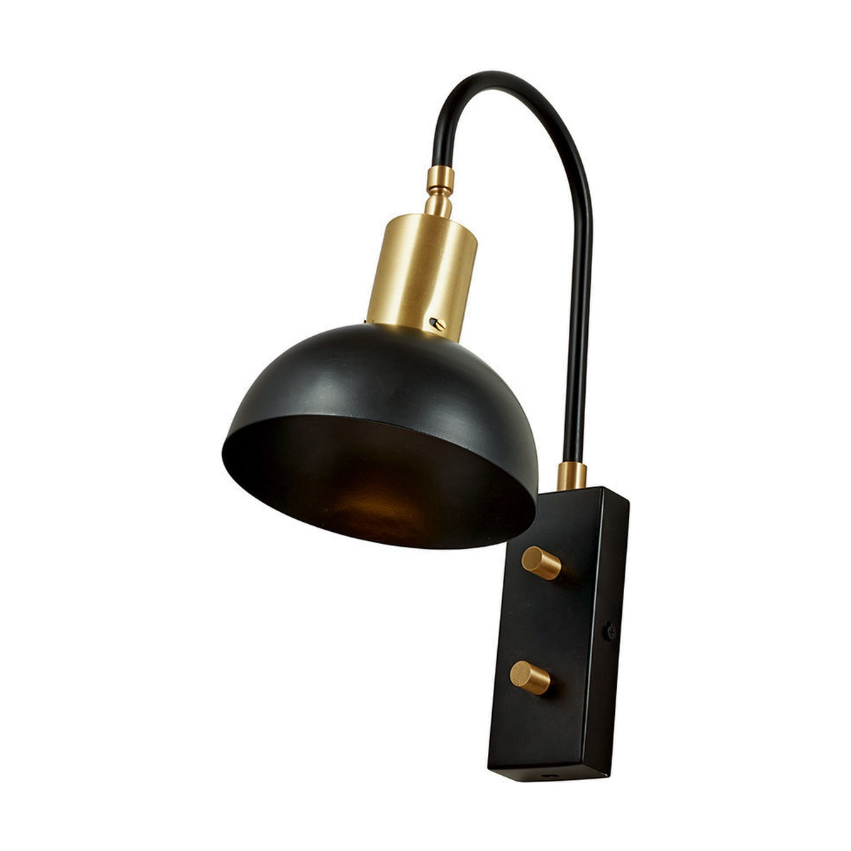 Mayfair Matt Black Domed Task Wall Light with curved arm, brass detailing and adjustable dual knob wall plate, shown on a plain white background.