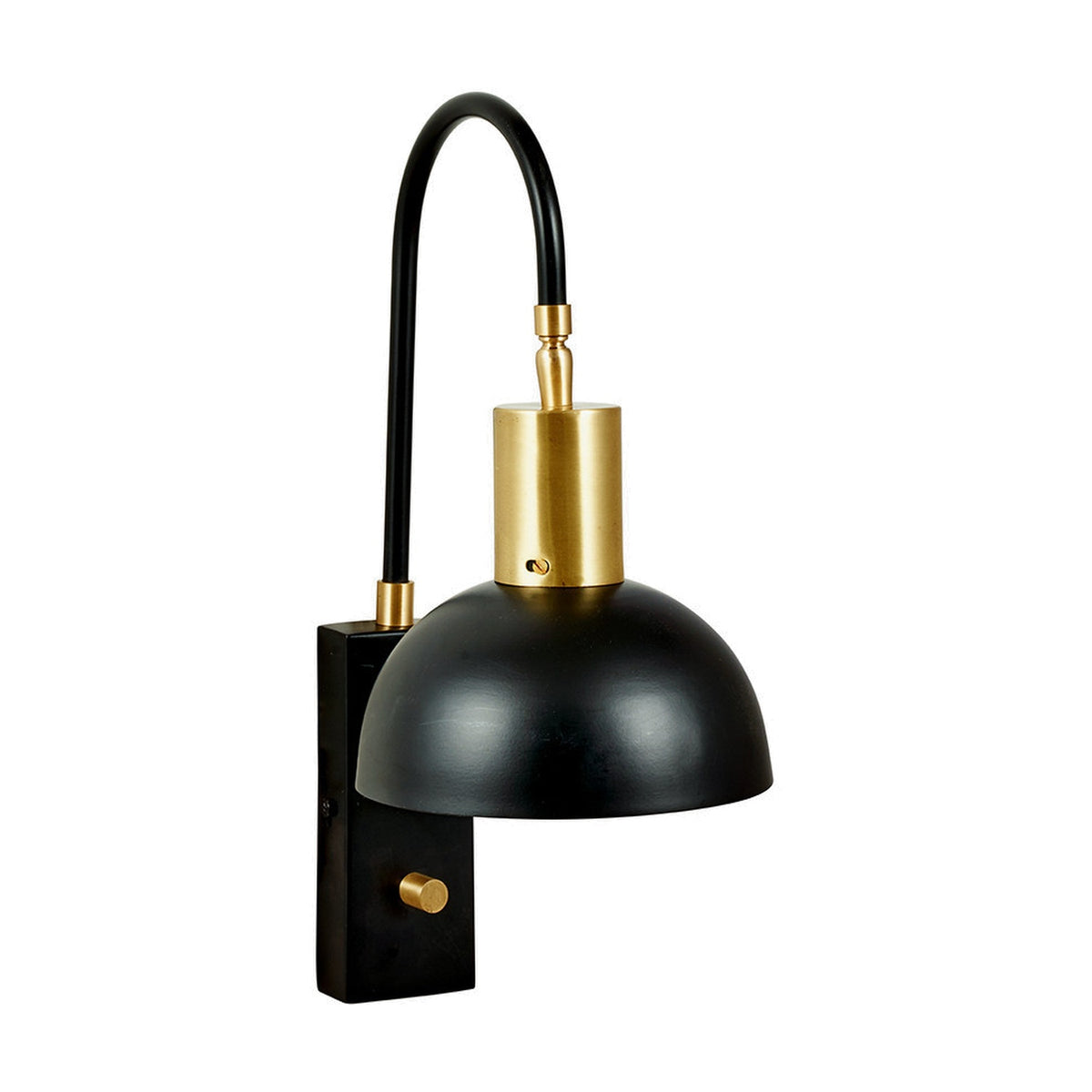 Mayfair Matt Black Domed Task Wall Light with curved arm, brass accents, black square backplate, and knob switch, shown on a plain white background.