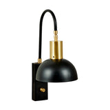 Mayfair Matt Black Domed Task Wall Light with curved arm, brass accents, black square backplate, and knob switch, shown on a plain white background.