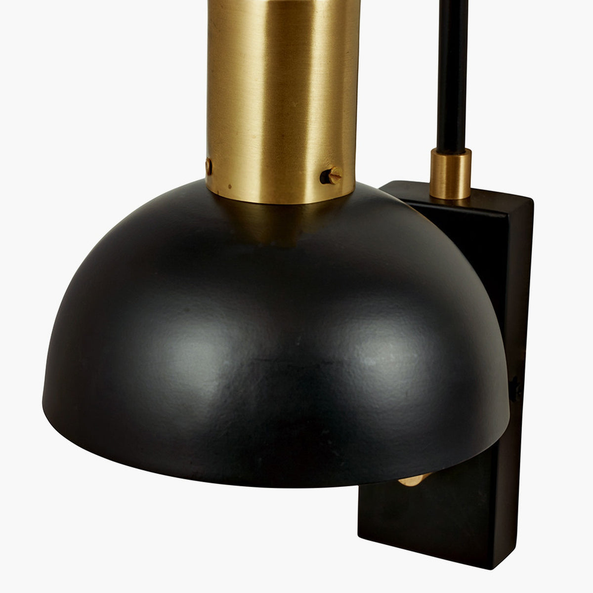 Mayfair Matt Black Domed Task Wall Light with brass stem and mounting bracket, close-up on a plain white background.