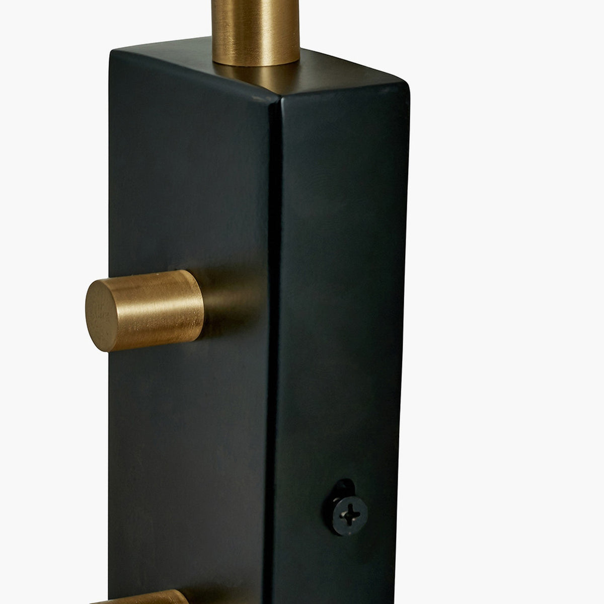 Close-up of the Mayfair Matt Black Domed Task Wall Light, showing a square matt black column with a brushed brass cylindrical arm and brass top fitting, on a plain white background.