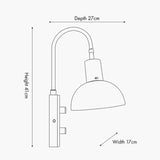 Line drawing of the Mayfair Matt Black Domed Task Wall Light showing a curved arm, adjustable dome shade, and dual knob controls, with dimensions 41cm height, 27cm depth, 17cm width.