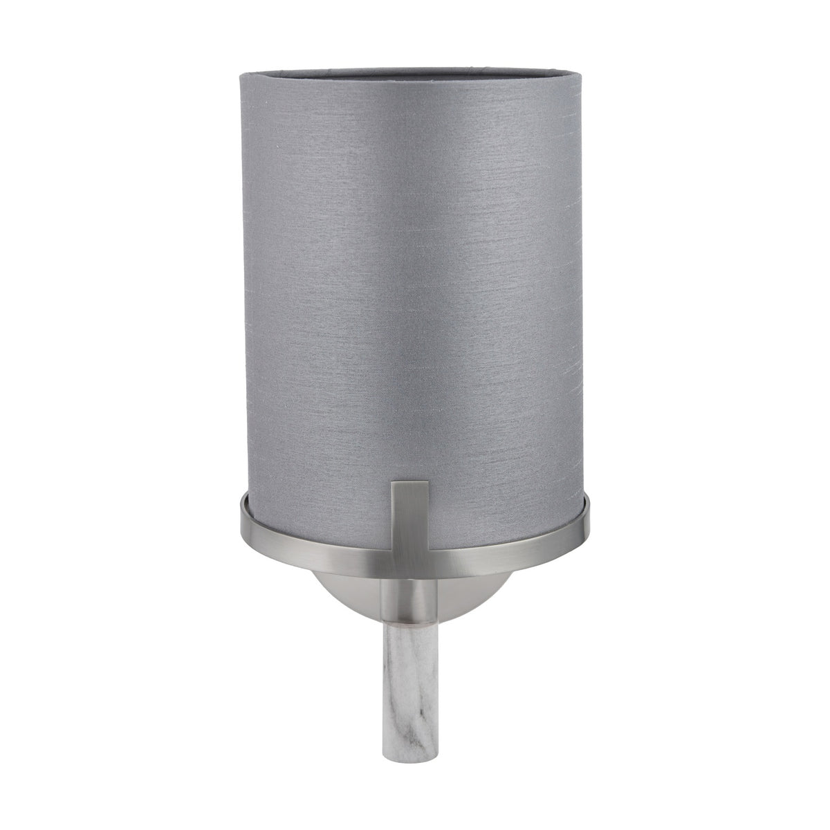 Midland wall light, 31cm, with cylindrical grey fabric shade, brushed nickel bracket and grey marble effect column, shown on a plain white background.