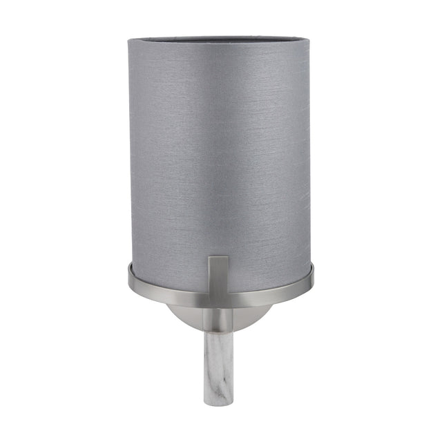 Midland wall light, 31cm, with cylindrical grey fabric shade, brushed nickel bracket and grey marble effect column, shown on a plain white background.