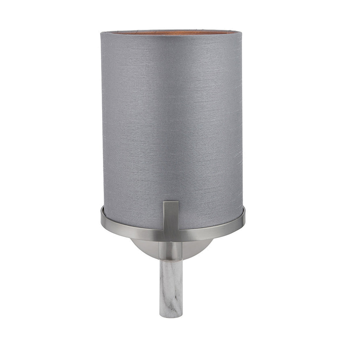 Midland wall light with a cylindrical grey fabric shade, brushed nickel bracket and base, and marble effect stem, shown on a plain white background.