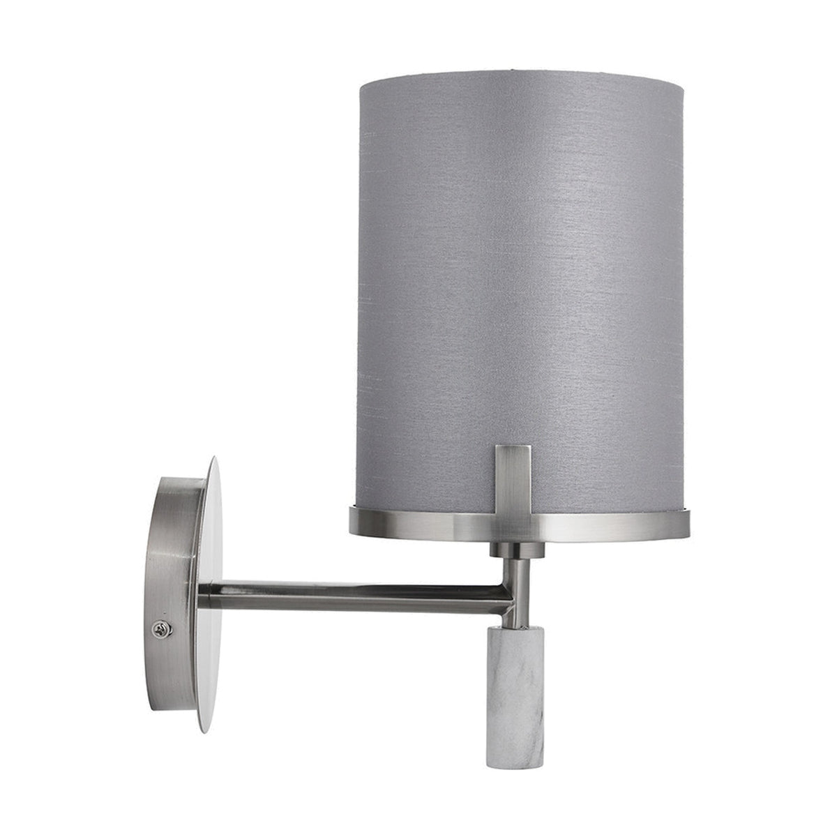 Midland wall light with a grey cylindrical fabric shade on a brushed nickel arm and marble effect base, shown on a plain white background.