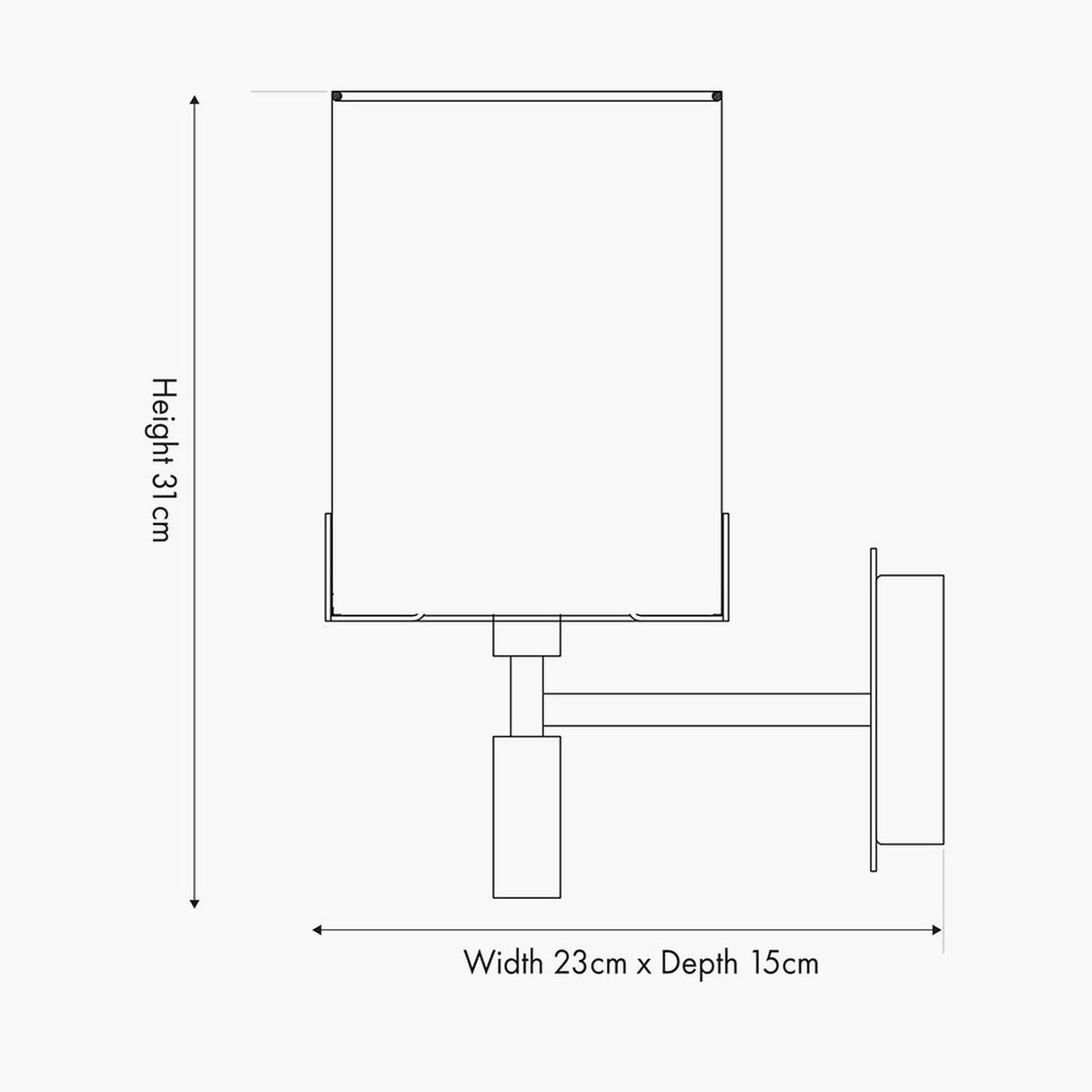 Line drawing of the Midland wall light with rectangular fabric shade, brushed nickel arm and backplate, labelled 31cm height, 23cm width, 15cm depth.