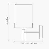 Line drawing of the Midland wall light with rectangular fabric shade, brushed nickel arm and backplate, labelled 31cm height, 23cm width, 15cm depth.
