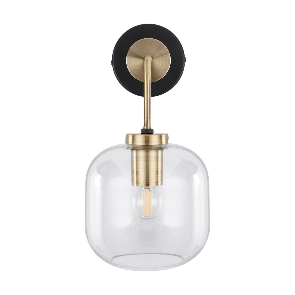 Florence Black Iron & Glass Wall Light, 32cm, with a round black backplate, curved brass arm and clear glass globe shade housing a visible bulb, shown on a plain white background.