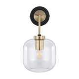 Florence Black Iron & Glass Wall Light, 32cm, with a round black backplate, curved brass arm and clear glass globe shade housing a visible bulb, shown on a plain white background.