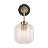 Florence Black Iron & Glass Wall Light with round black backplate, antique brass arm and fitting, and clear glass globe shade over an exposed bulb, shown on a plain white background.