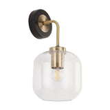 Florence Black Iron & Glass Wall Light, 32cm, with an antique brass curved arm and clear glass globe shade over an exposed bulb, on a plain white background.
