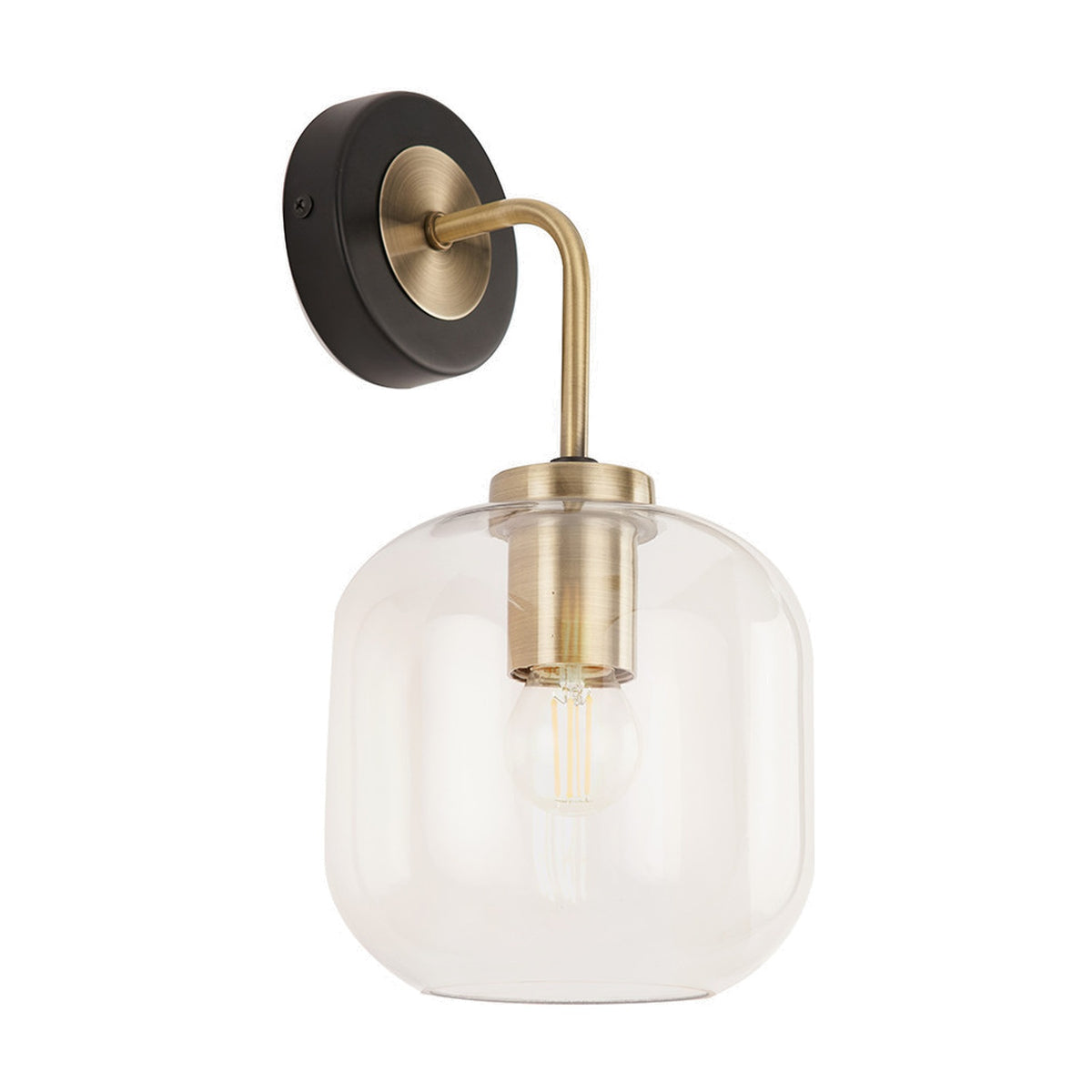 Florence Black Iron & Glass Wall Light with an antique brass curved arm and round wall plate, holding a clear rounded glass shade over an exposed bulb, shown on a plain white background.