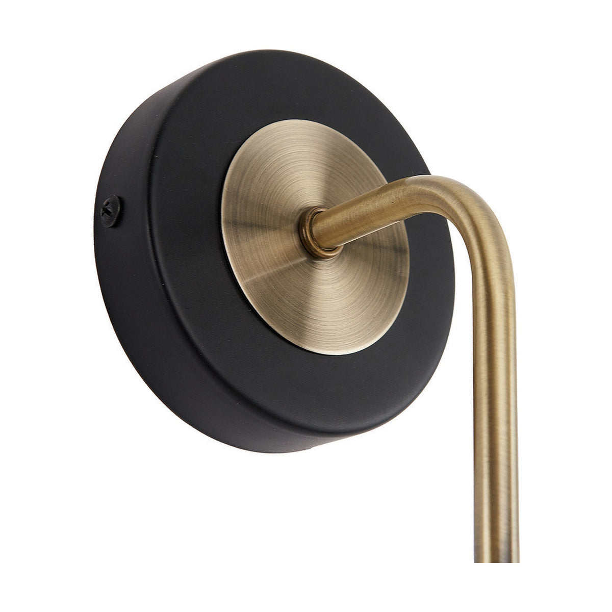 Florence Black Iron & Glass Wall Light, close-up of the round matte black base with brushed brass centre and curved brass arm, on a white background.