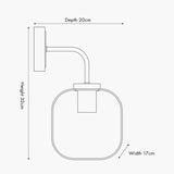 Line drawing of the Florence Black Iron & Glass Wall Light showing a square glass shade on a curved metal arm, with dimensions 32cm height, 20cm depth, 17cm width.