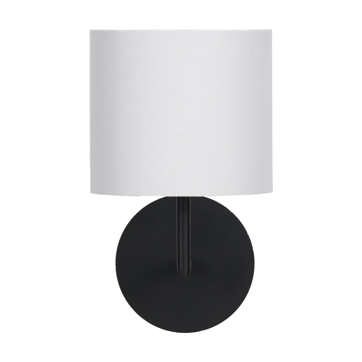 Elin Matt Black & Ivory Wall Light, 26cm, with a round matt black backplate and an ivory fabric drum shade, shown against a plain white background.