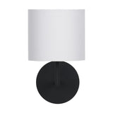 Elin Matt Black & Ivory Wall Light, 26cm, with a round matt black backplate and an ivory fabric drum shade, shown against a plain white background.