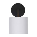 Elin Matt Black & Ivory Wall Light, 26cm, with a round matt black backplate, slim metal stem and ivory fabric drum shade, shown on a plain white background.